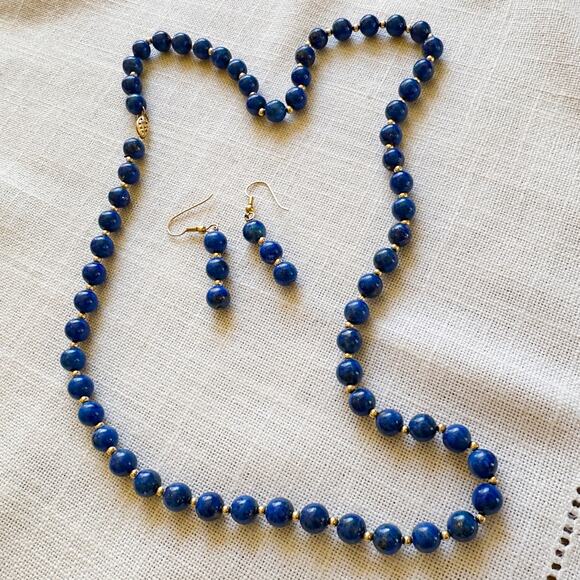 Lapis Lazuli Beaded Necklace Earring Set w 14K Gold Spacer Beads and Clasp ~58g - Picture 11 of 12